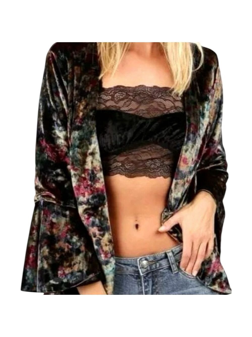 POL Dark Velvet Blazer Multicolor 3/4 Bell Sleeve Size M (19.5”PTP) NWT